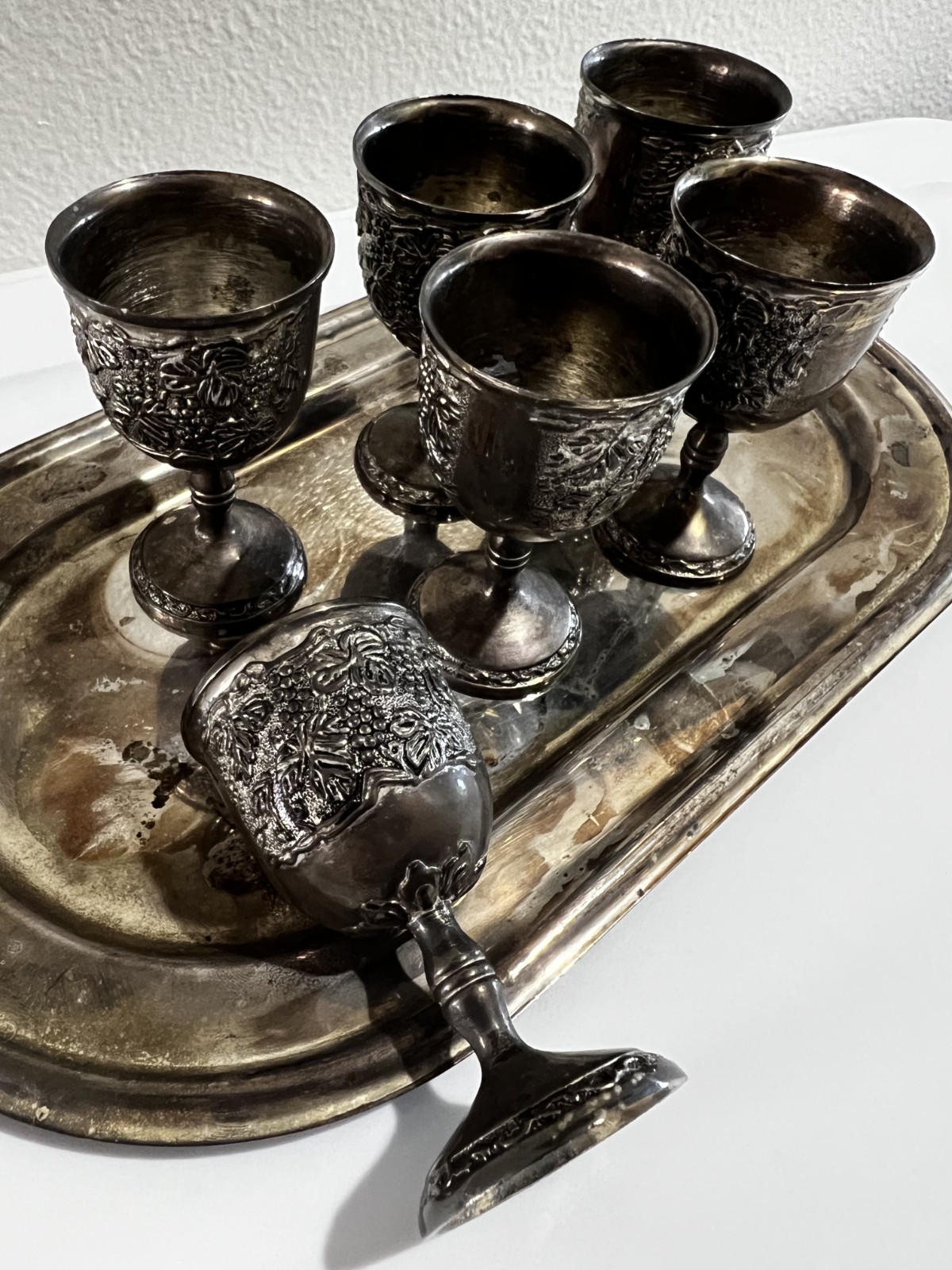 Russian Silverplate 6-Cup Goblet Set with Oval Serving Tray (Boxed) Post-1940