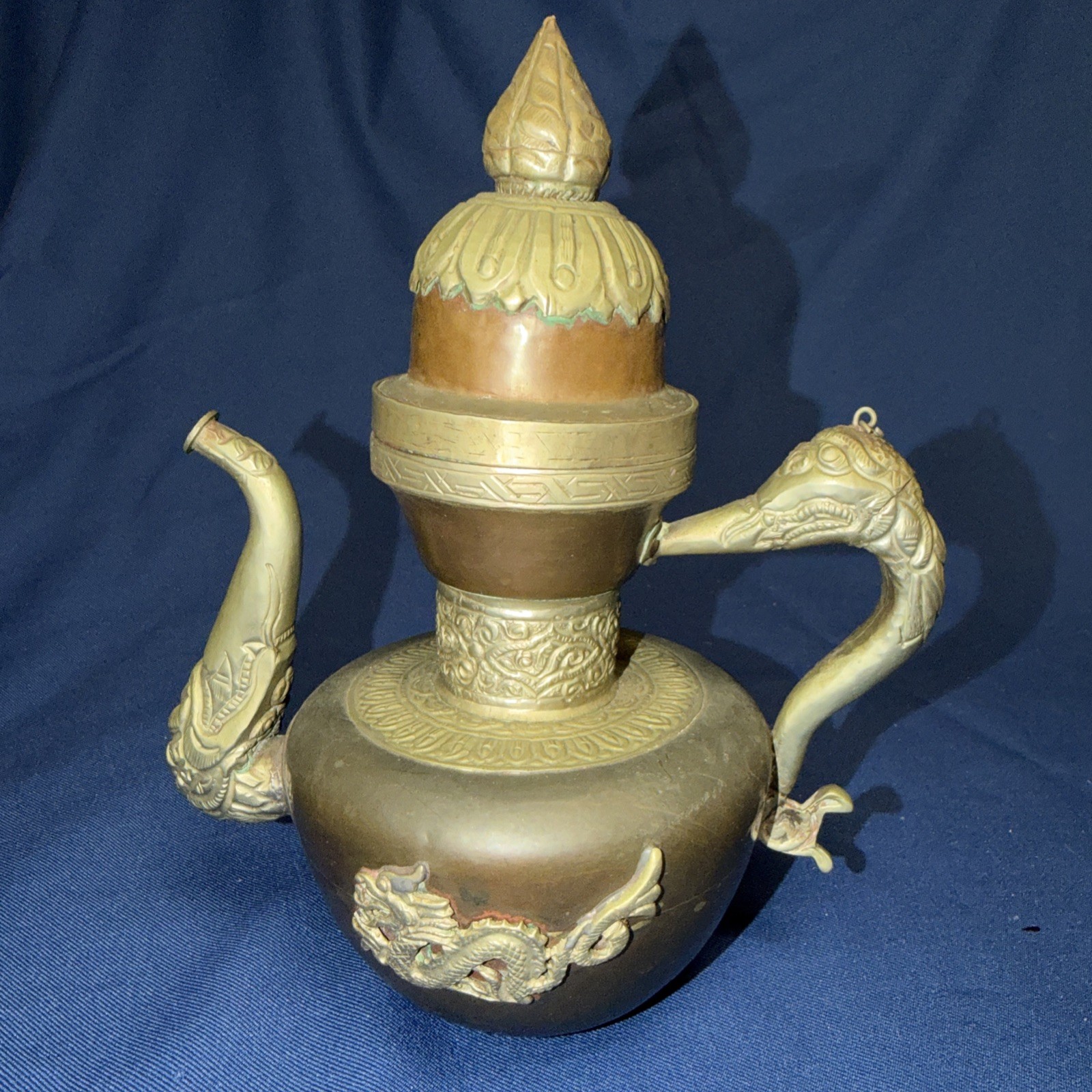 Antique Tibetan Copper and Brass Dragon Teapot Handmade Ritual Vessel 10.5” Nice