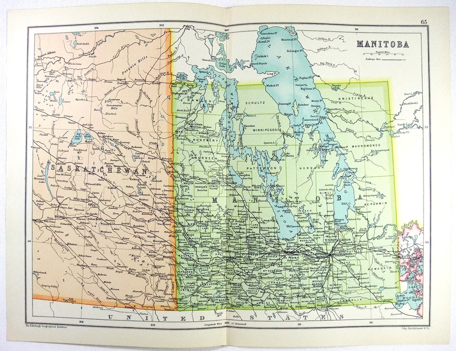Manitoba, Canada – Original 1909 Map by John Bartholomew. Antique