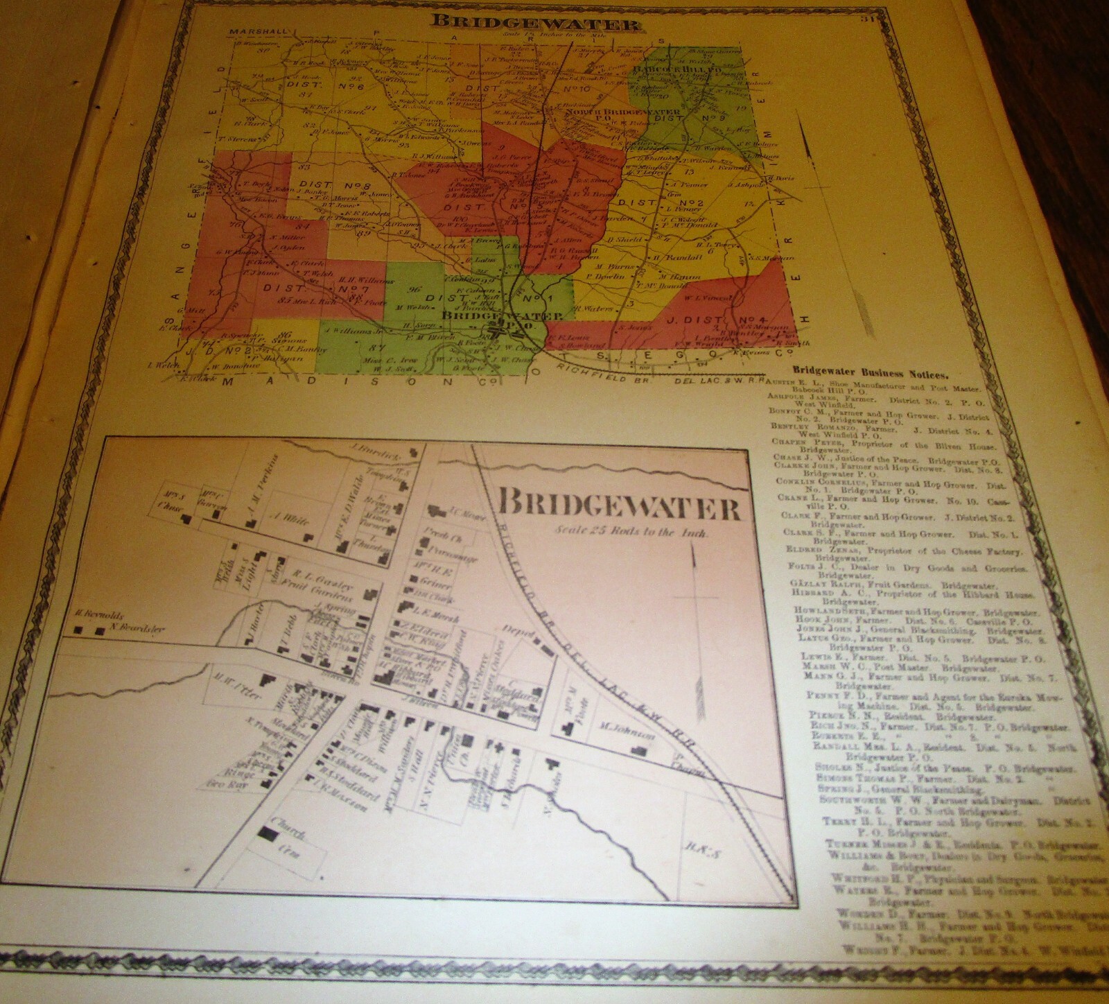 1874 MAPS TOWN AND HAMLET OF BRIDGEWATER NY ONEIDA CO NY WITH RESIDENTS