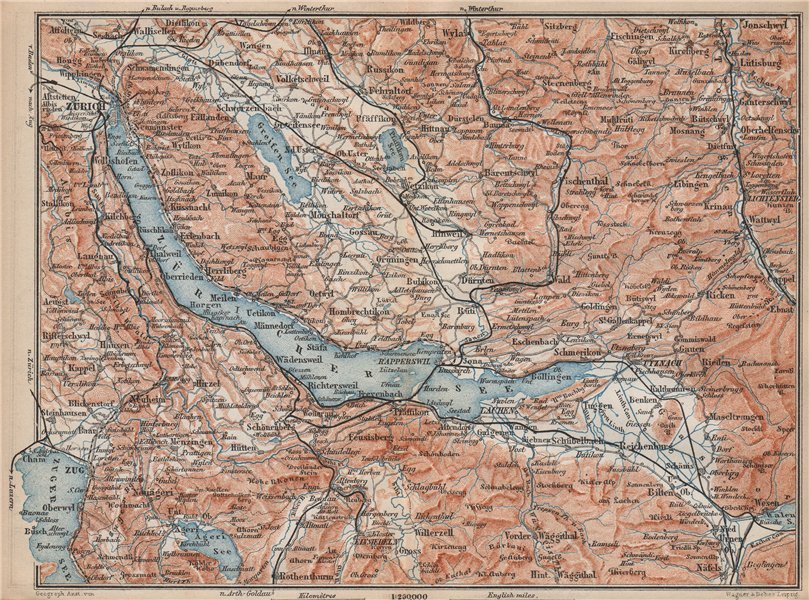 LAKE ZÜRICH. Zuricher See Lachen Utznach.Topo-map. Switzerland Schweiz 1893