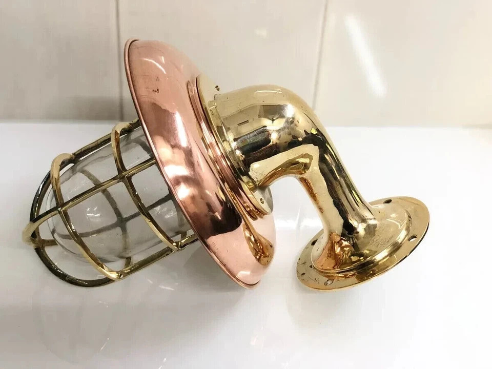 NAUTICAL ARCHED BULKHEAD BRASS WALL SCONCE SHIP LIGHT WITH COPPER SHADE