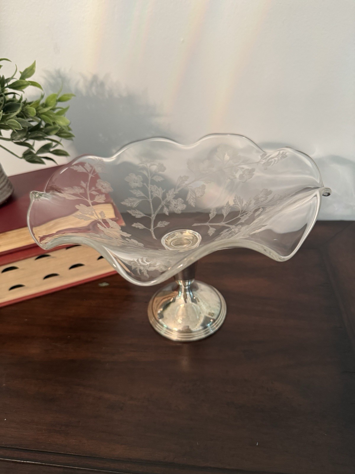 Vtg Empire Sterling Weighted Screw On Base Etched Glass Ruffled Compote Bowl 389