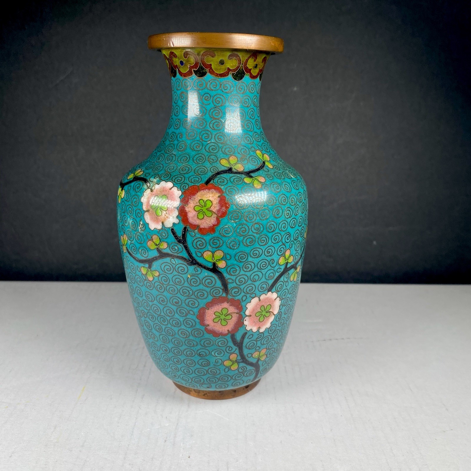 Vintage Chinese Cloisonné Enamel Vase 6.5 In Tall Blue w Plum Blossoms On Copper