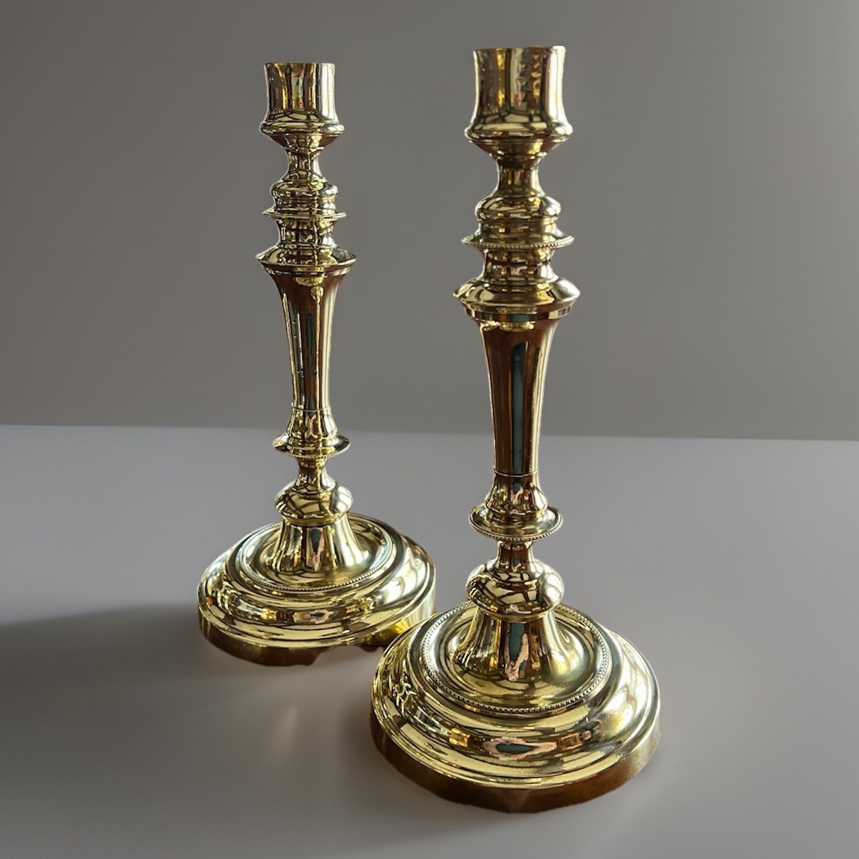 Pair George II Brass Candlesticks with Round Base, 10.5” C. 1730