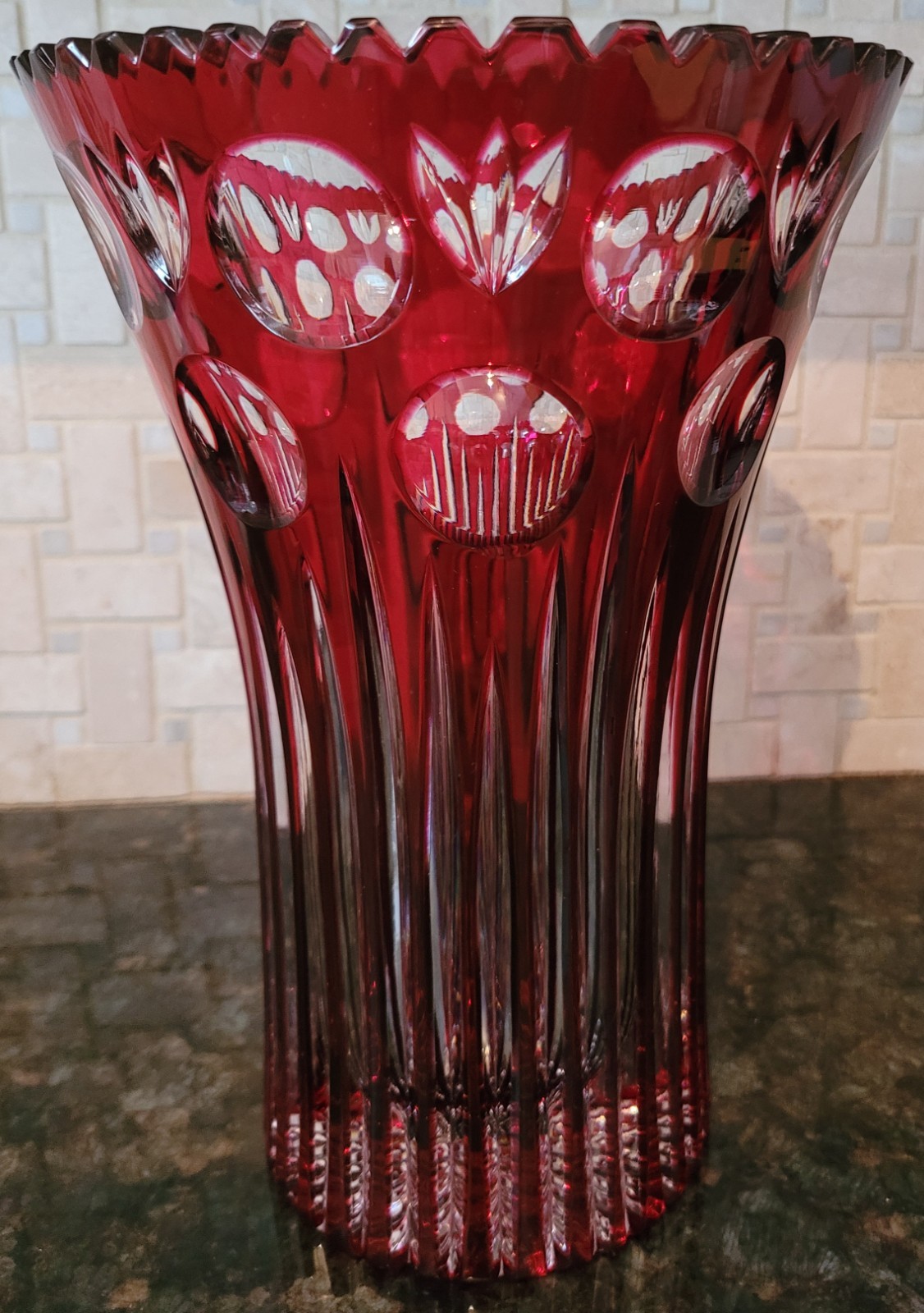 Large Antique Ruby Cut to Clear Crystal vase in perfect condition, 10 1/8″ Tall