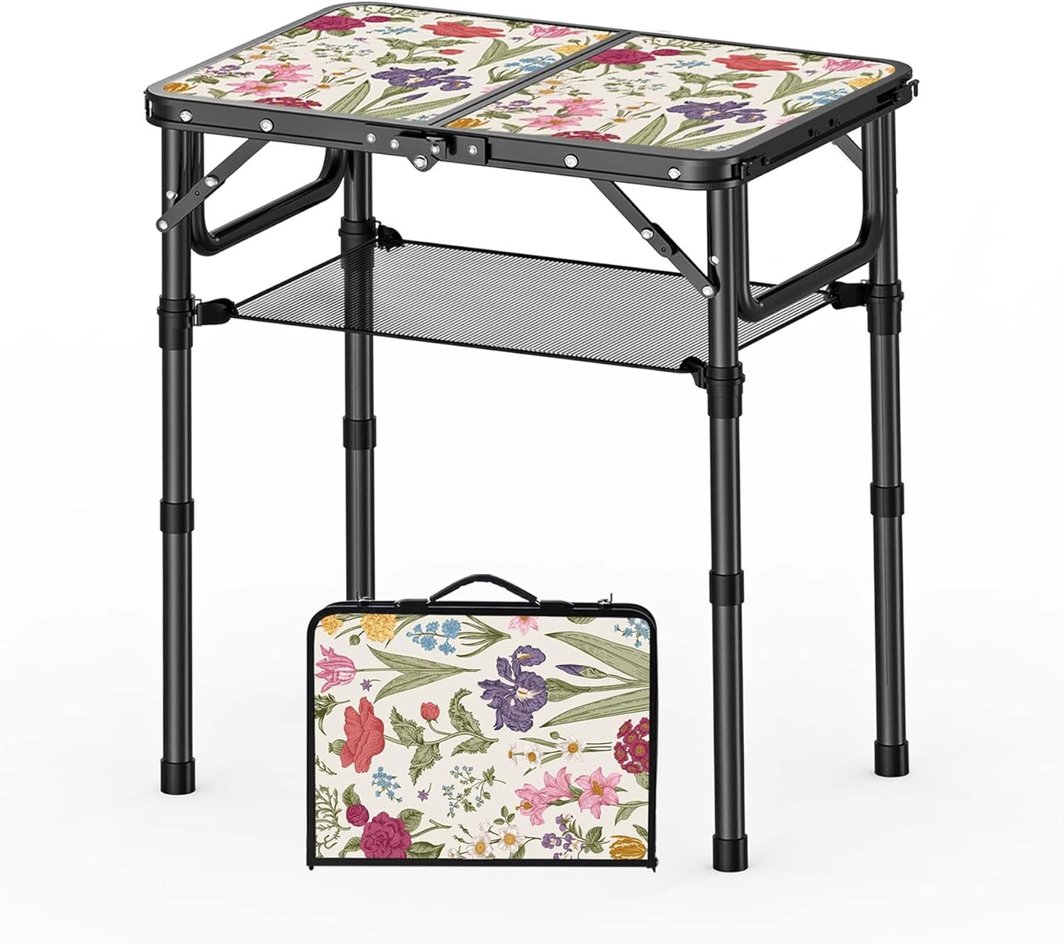 Small Folding Camping Table Adjustable Height Vintage Floral Portable Picnic