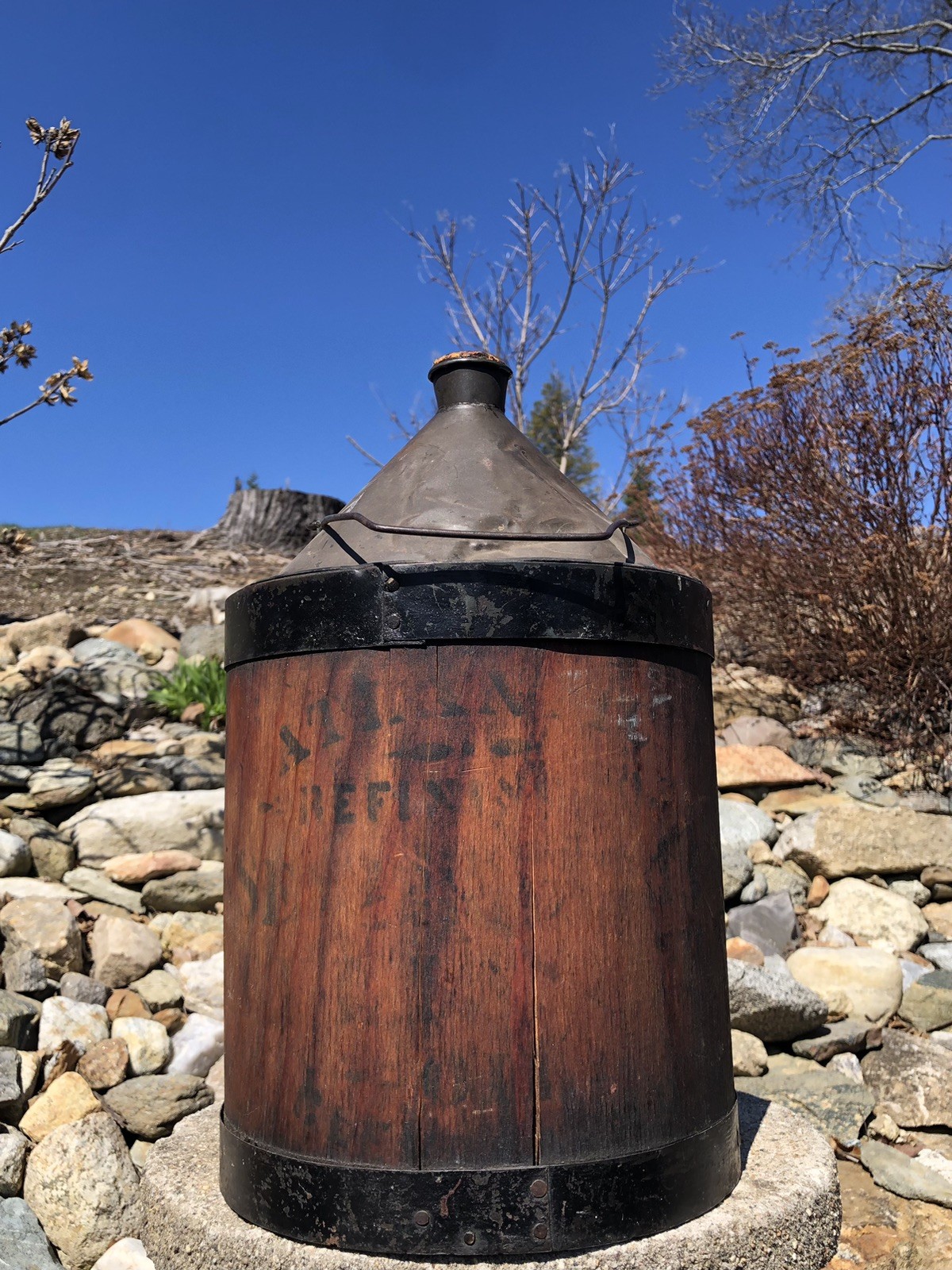 Antique Primitive Wood Tin Bail Cork Apple Cider Jug Atlantic Refining Signed VT