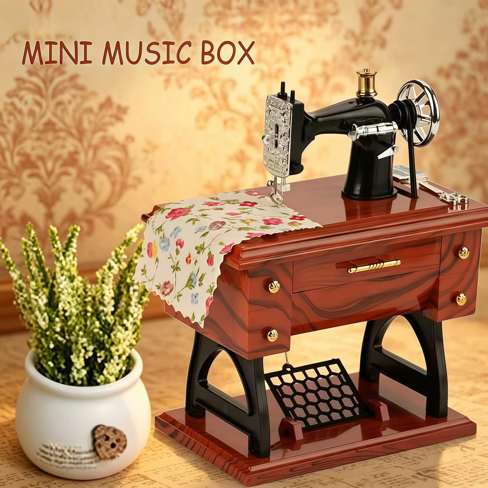 Vintage Mini Sewing Machine Music Box, Brown Plastic Table Mini,