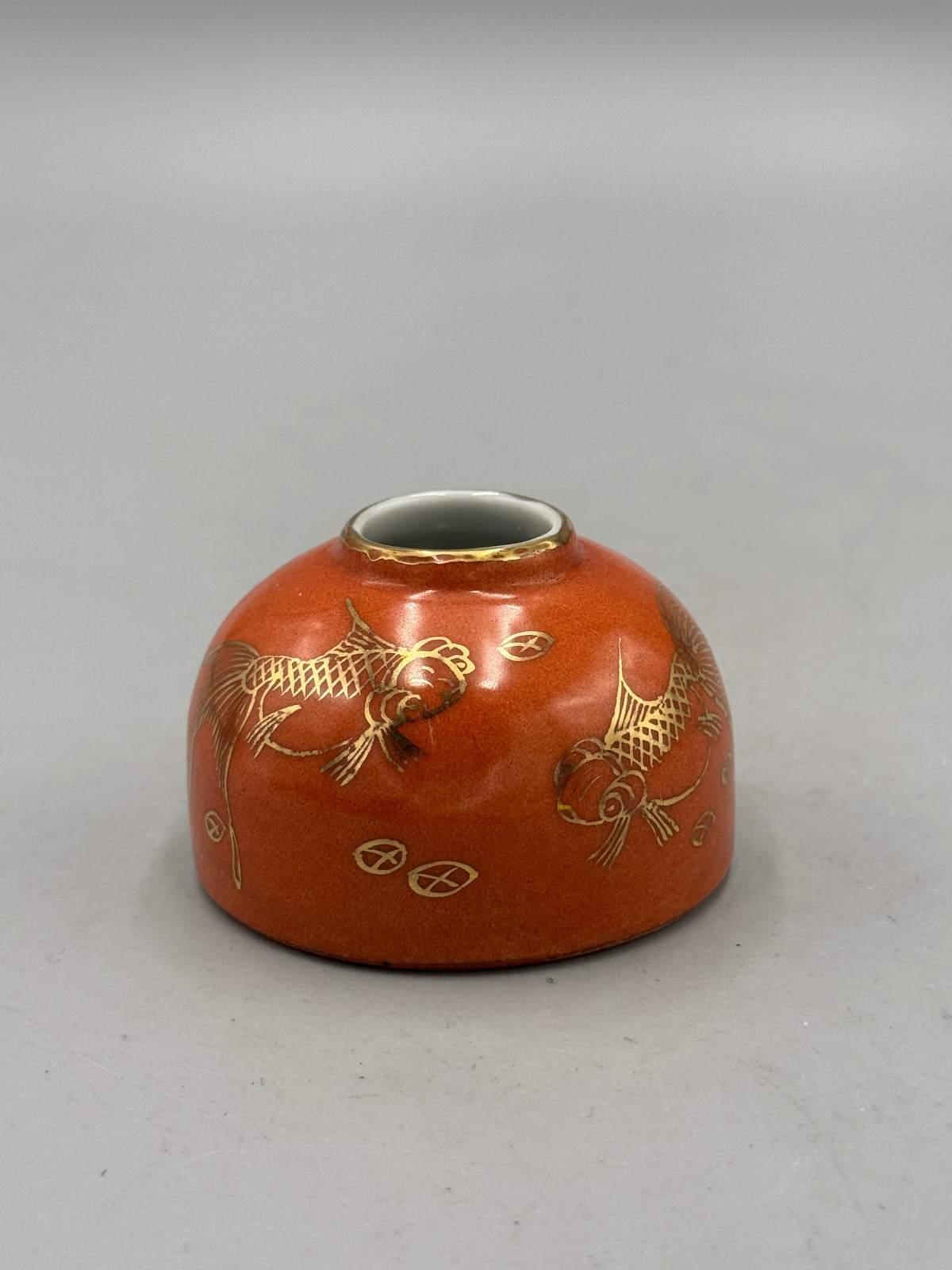 Antique Chinese Coral Red Gilded Porcelain Water Pot, Gold Fish Desk Ornament