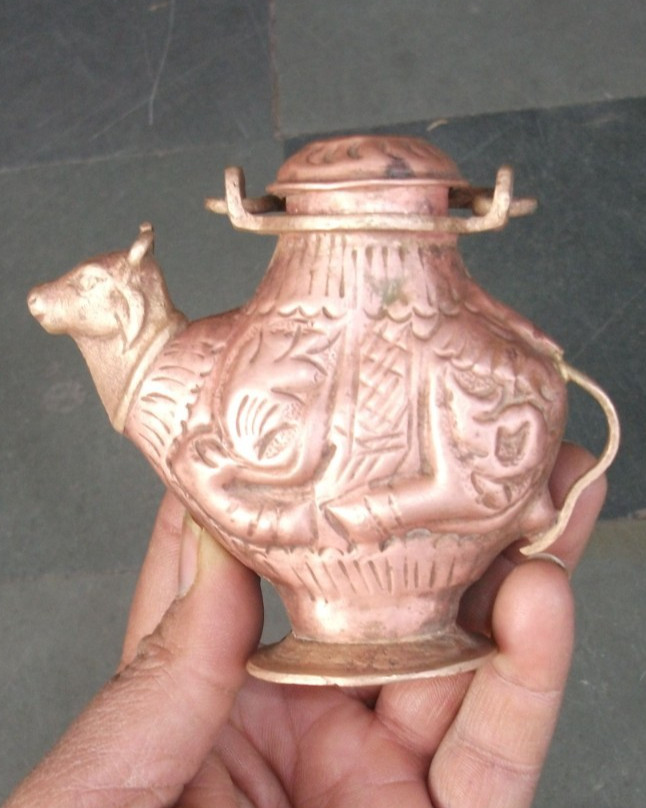 Old Cow/Nandi Shape Copper Inlay Engraved Handcrafted Holy Water Pot