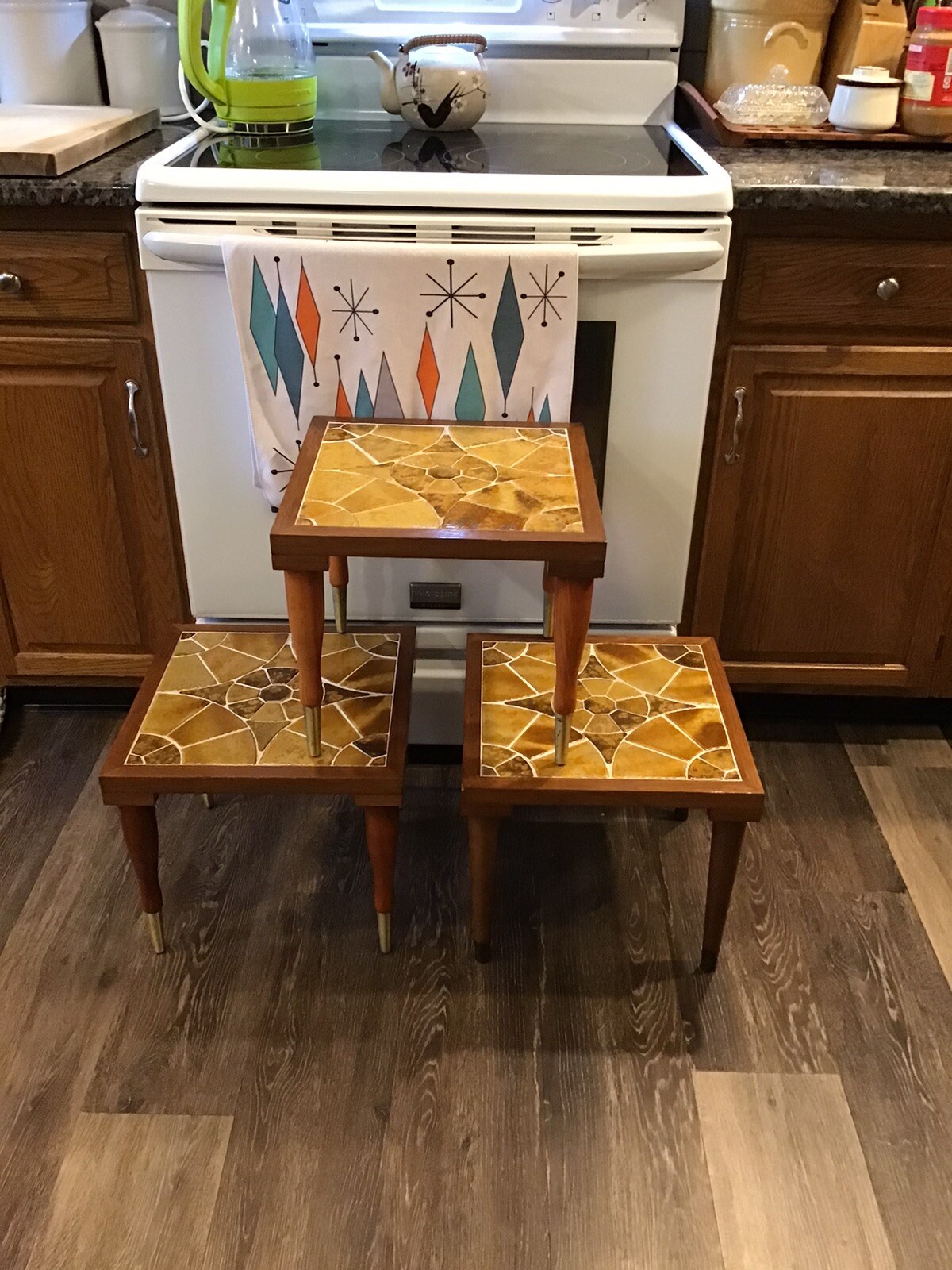 FABULOUS Mid Century Modern Mosaic Tile Teak Wood NESTING TABLES Tapered Leg SET