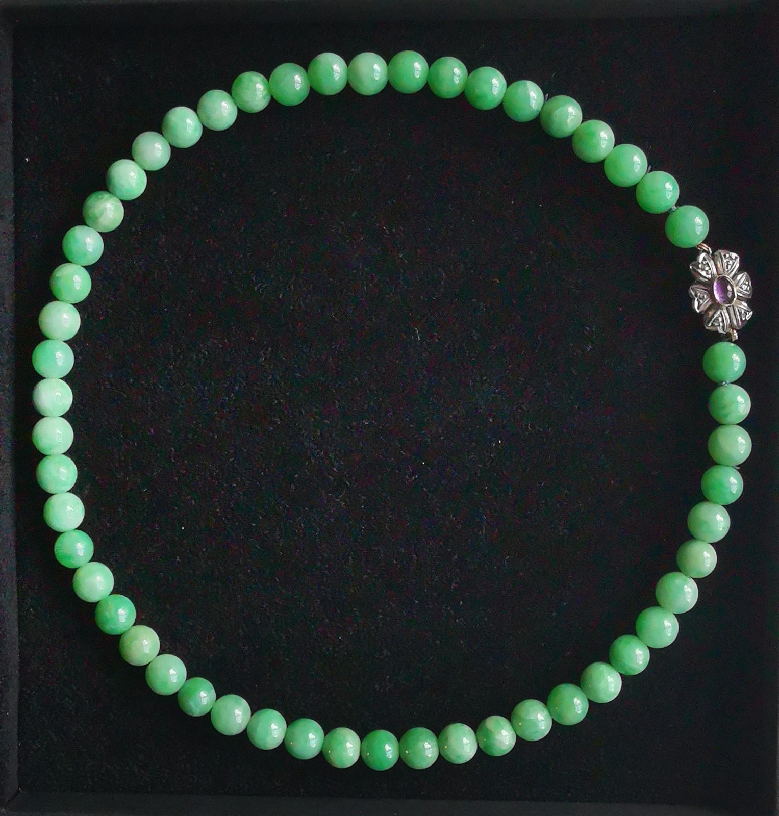 Antique 18ct Gold Diamonds Clasp Green Jadeite Jade Bead Necklace 1910 – 1940s