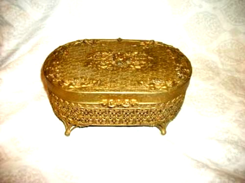 Antique French Bronze Ormolu Jewelry Casket Filigree Velvet Art Nouveau 1880s