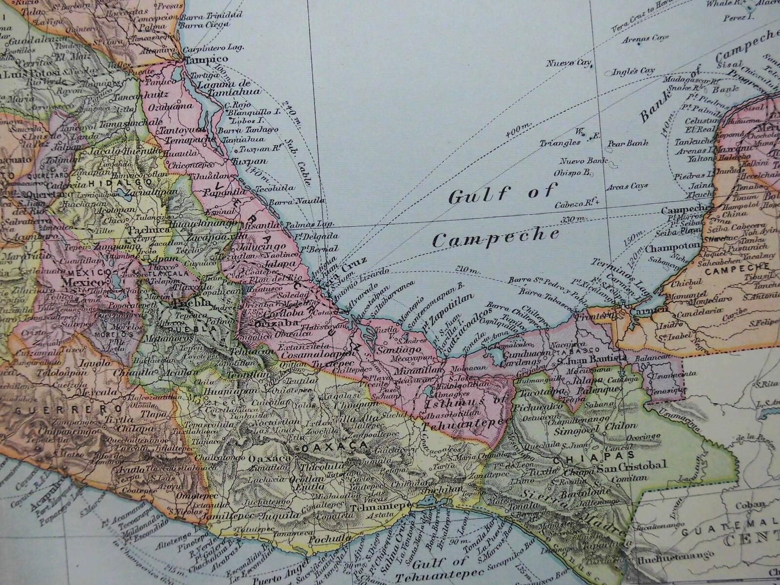 MEXICO; Original Victorian Colour Map (c1890) North/South America, Gulf Area, 55