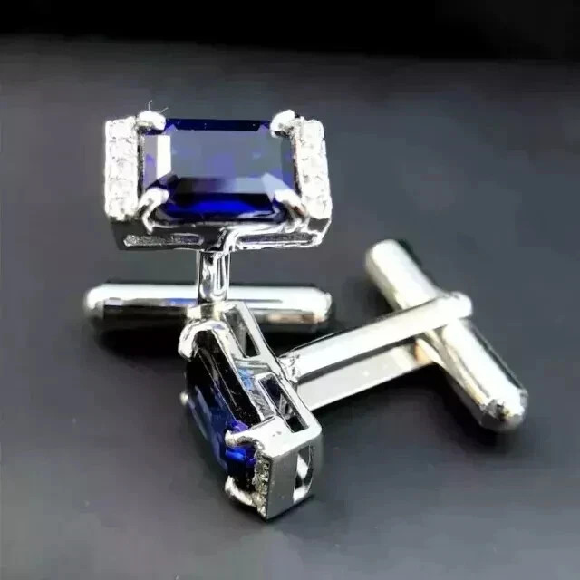 3Ct Emerald Lab Created Blue Sapphire Fancy Men’s Cufflink 14K White Gold Plated