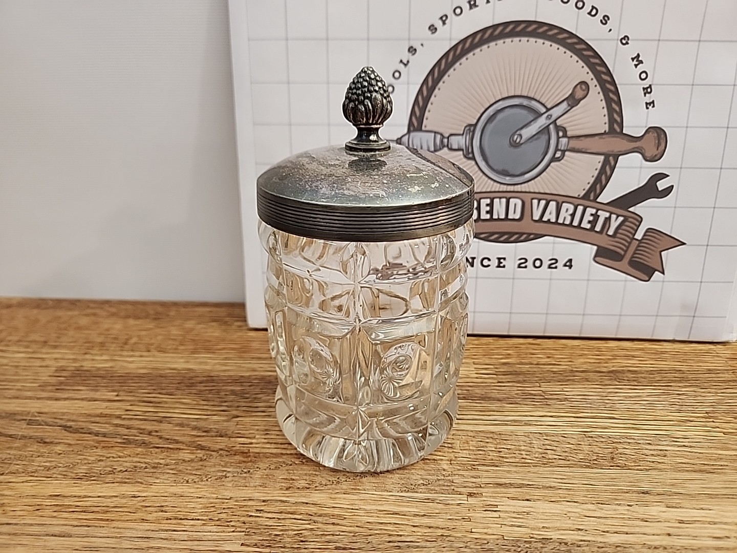 Antique Crystal and Silver Jar Vanity Container, Bathroom