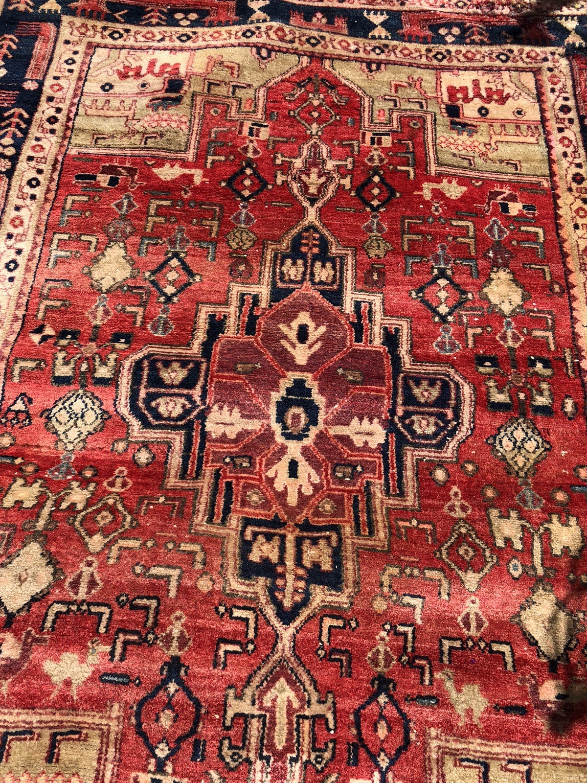 Afghan rug Antique vintage Turkmen pictorial hand woven distressed 84″ x 59″