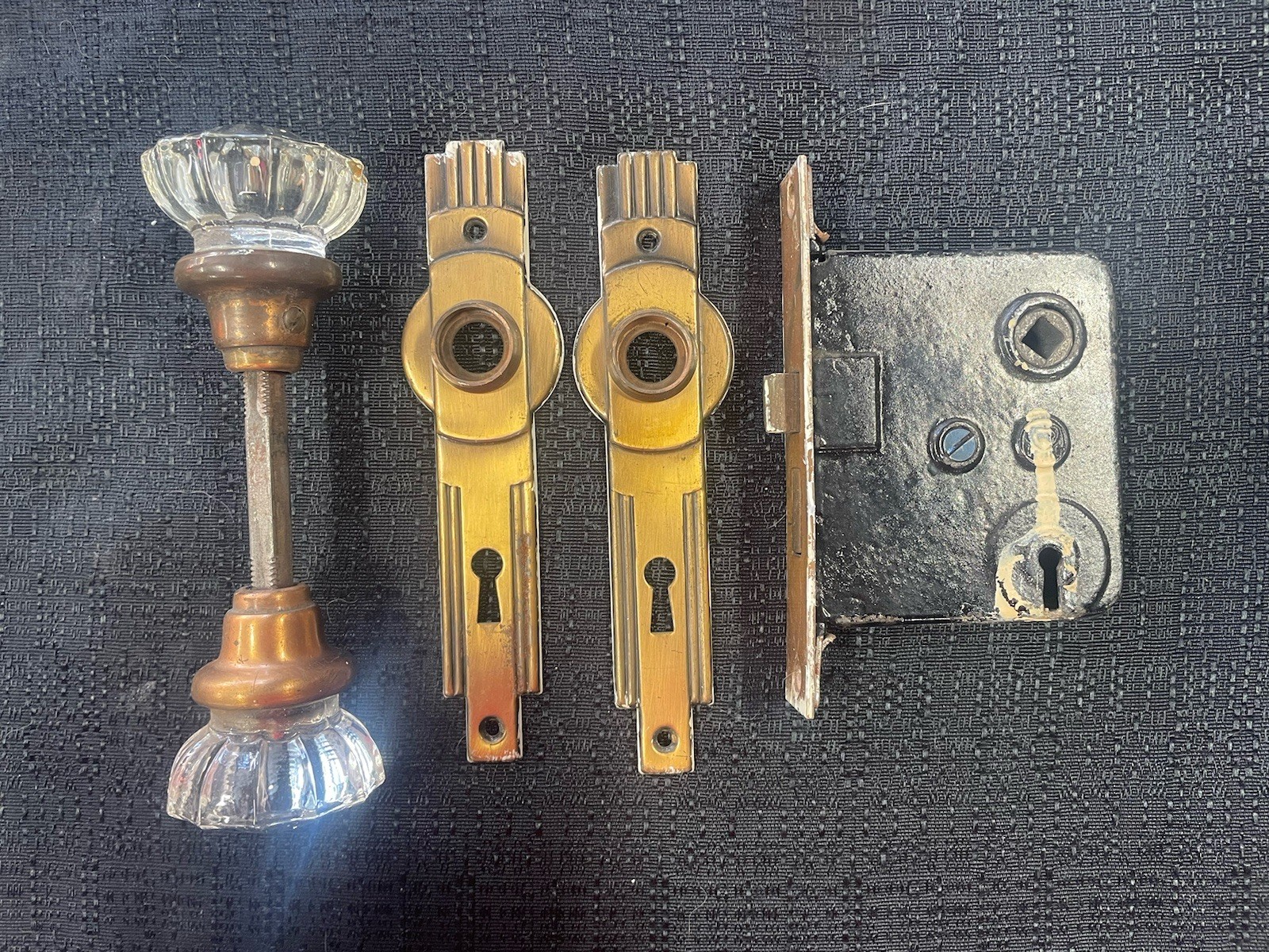 Vintage Art Deco Set Entry Door Glass Door Knob Deadbolt Lock Set