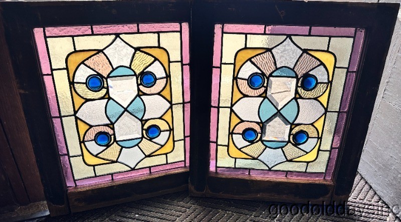 Nice Pair of Antique Victorian Stained Leaded Glass Beveled Windows Circa. 1890