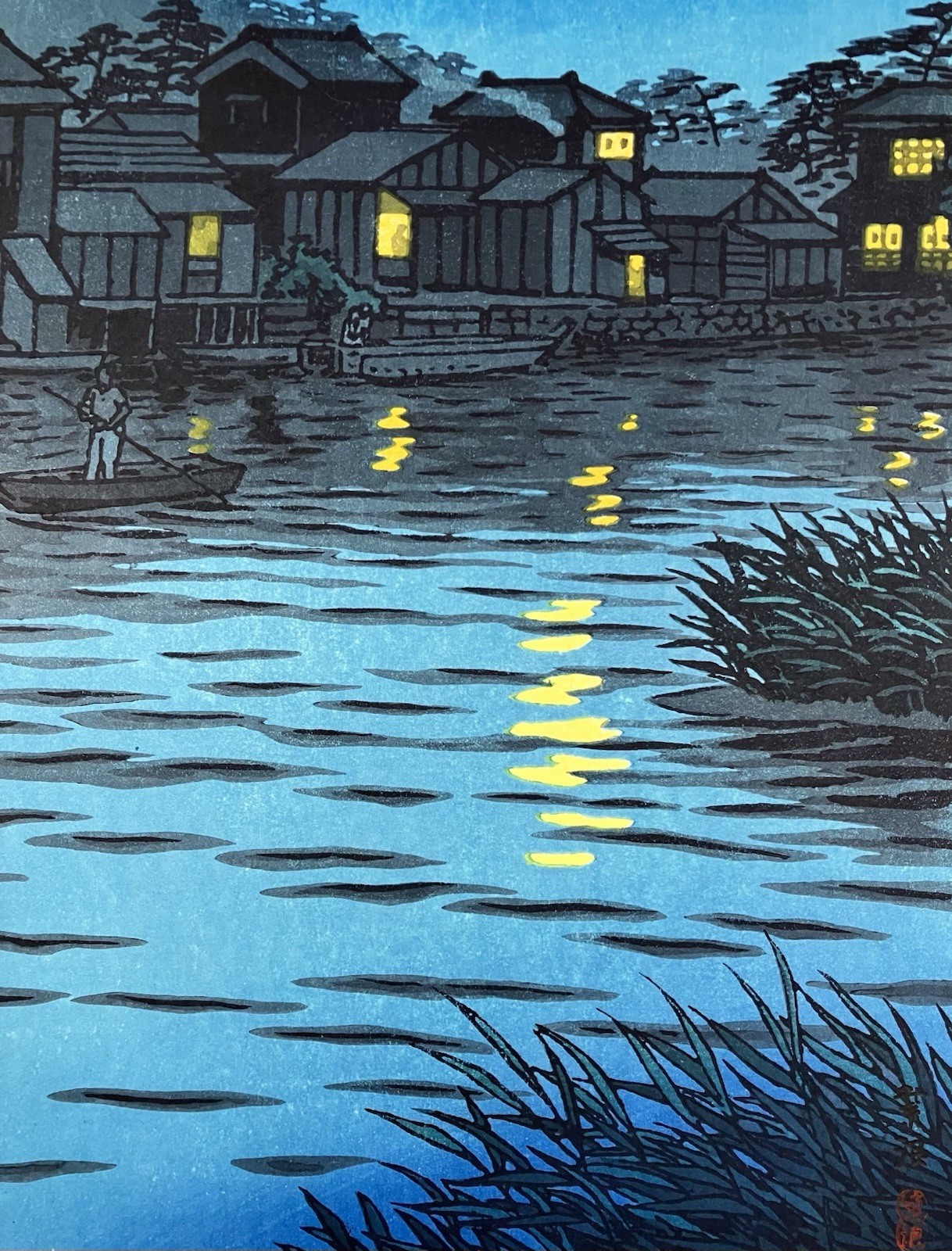 Kasamatsu Shiro Woodblock Print “Rising Moon at Katase River” Shin-hanga