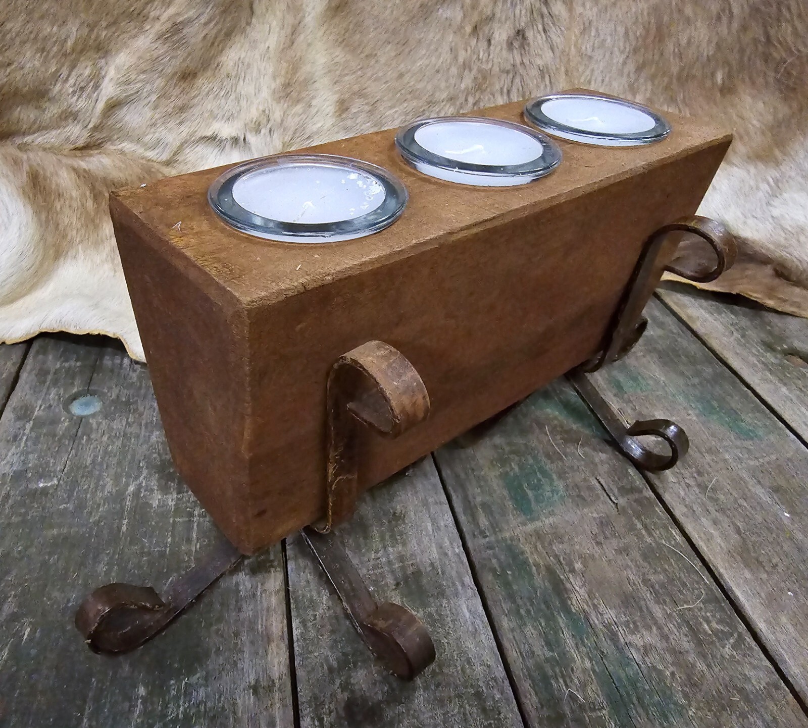 3 Hole Wooden Sugar Mold Wood Candle Holder Primitive Clear Glass Votives