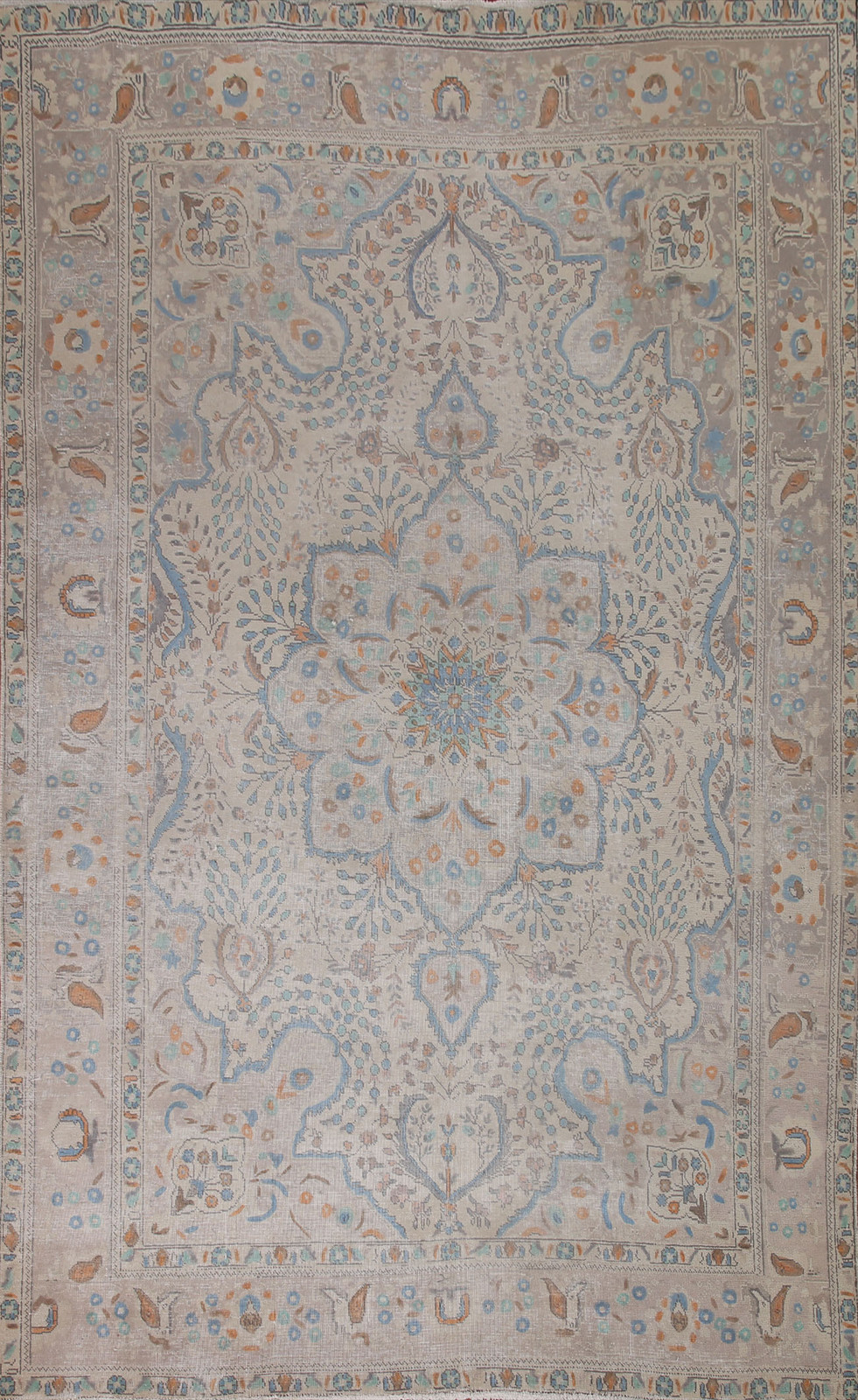 Hand-Knotted Beige / Gray Wool Carpet Distressed Oriental Area Rug 7×10 Ft