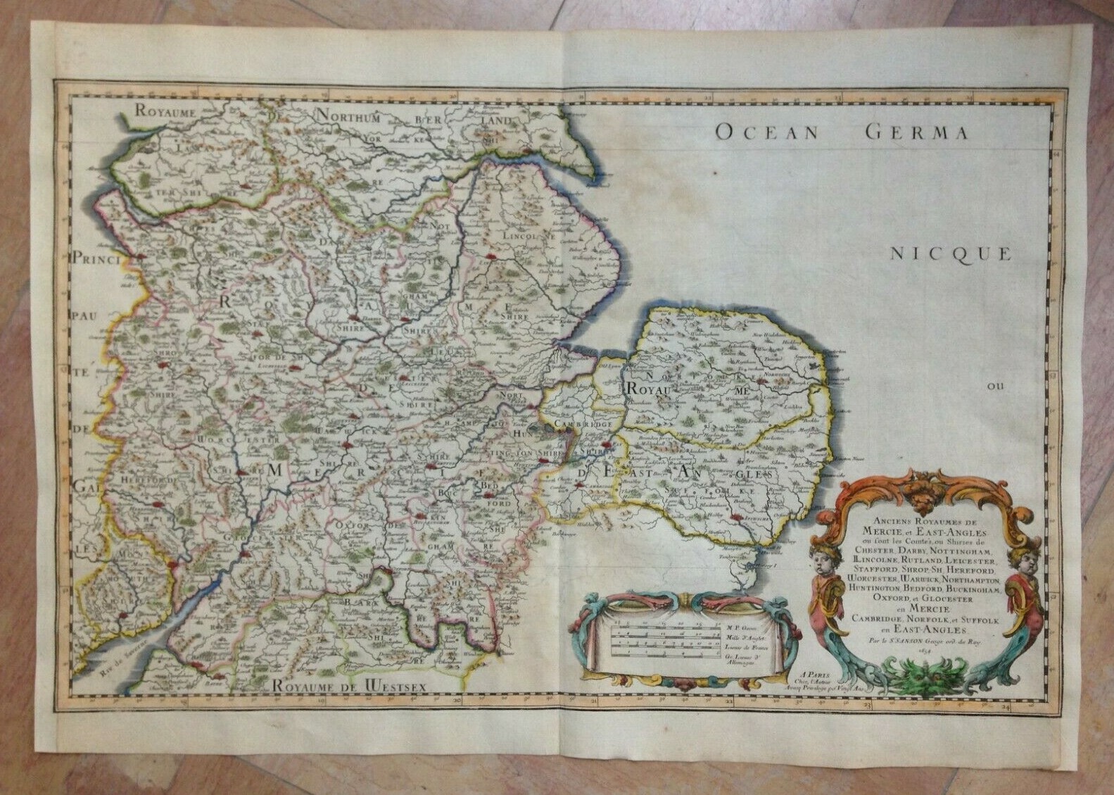 ENGLAND OXFORD CAMBRIDGE 1654 NICOLAS SANSON D’ABBEVILLE LARGE ANTIQUE MAP