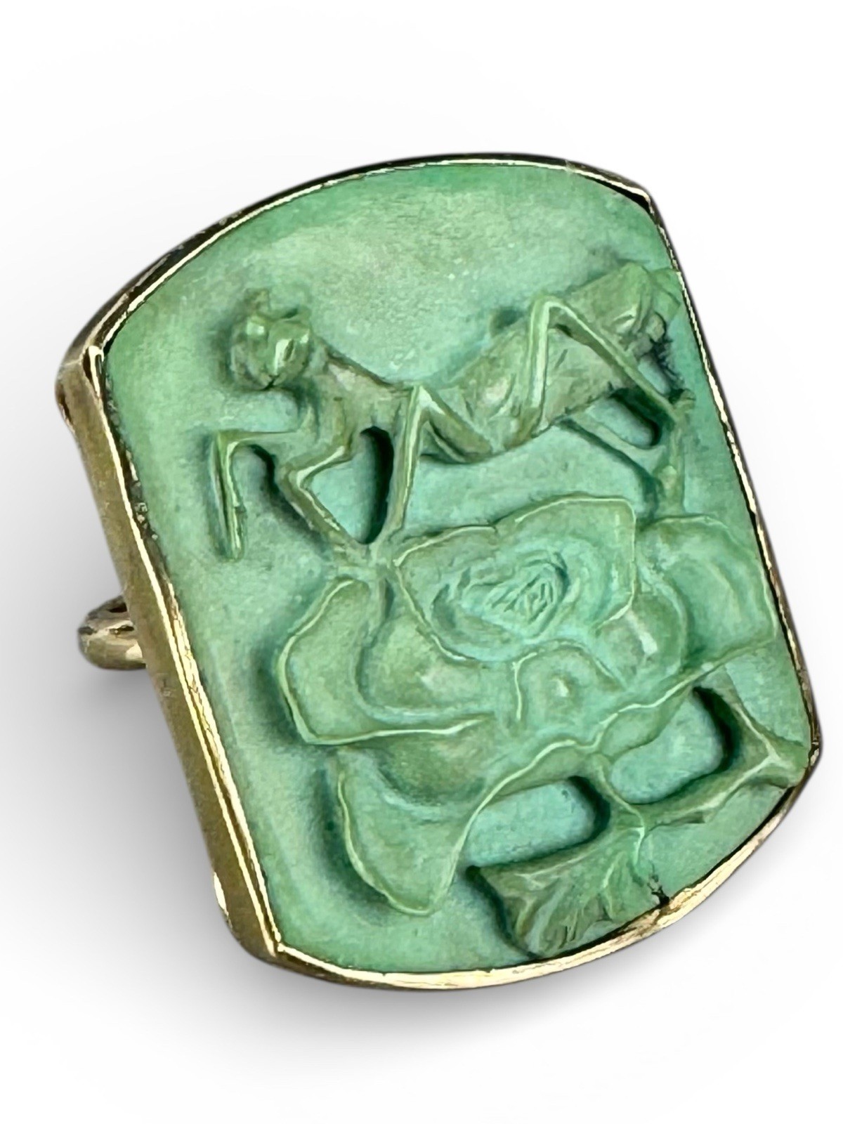 Chinese 9ct Gold Mounted Turquoise Ring, Carved Mantis On Peony, UK Size L