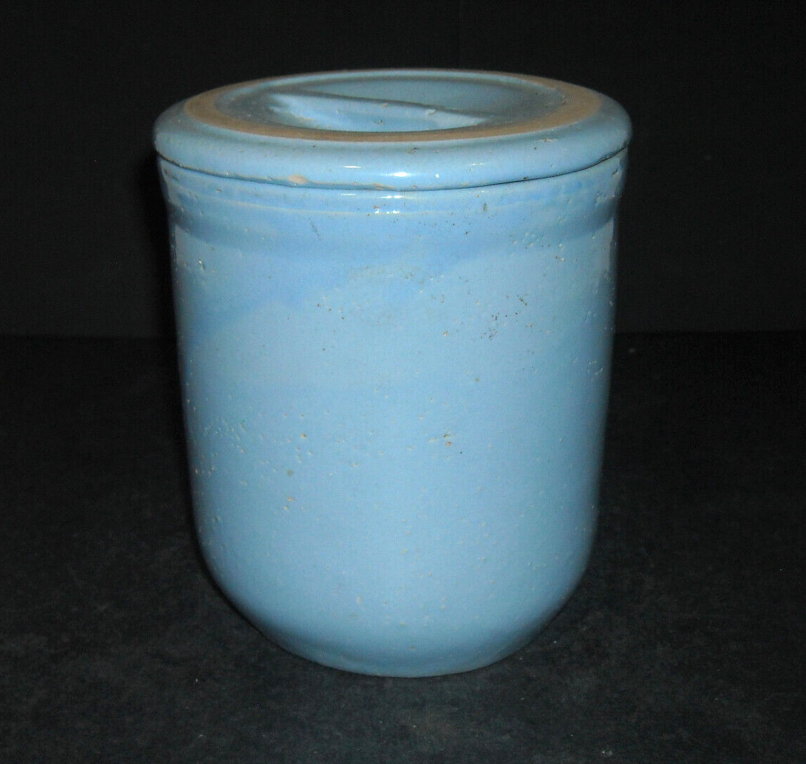 Antique (1915 – 1935) Sky Blue Stoneware Canister/Beater Jar with Cover