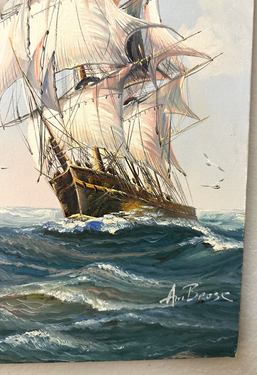 Vtg John Ambrose Clipper Ship Oil Painting Signed Framed Nautical Seascape Art