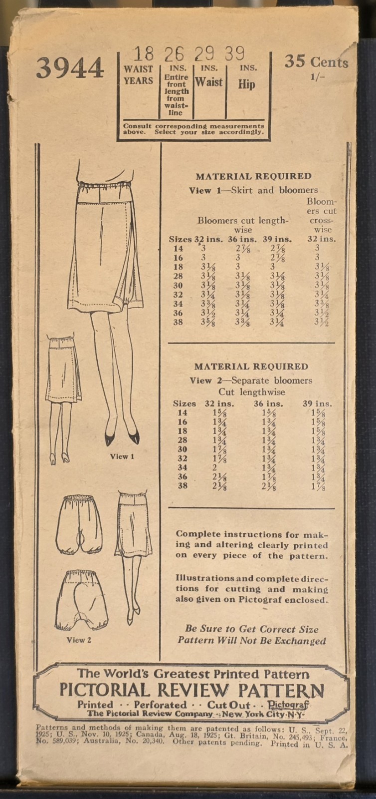 RARE 1925 Pictorial Review Pattern 3944, Bloomer Combination. Unused, S18/W29.