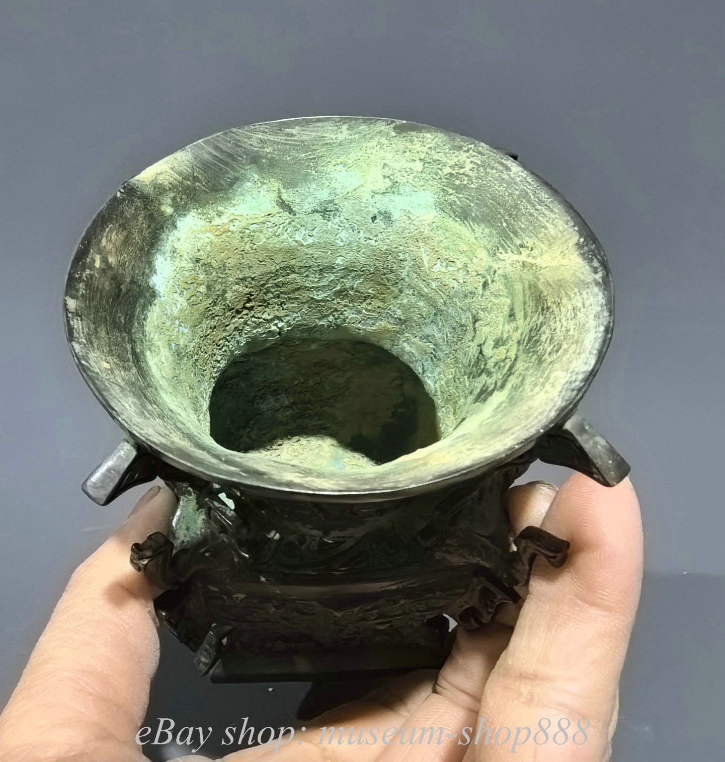 4.2″ Old Chinese Bronze Ware Dynasty Wine vessel Elephant Ear Zun Cup Statue