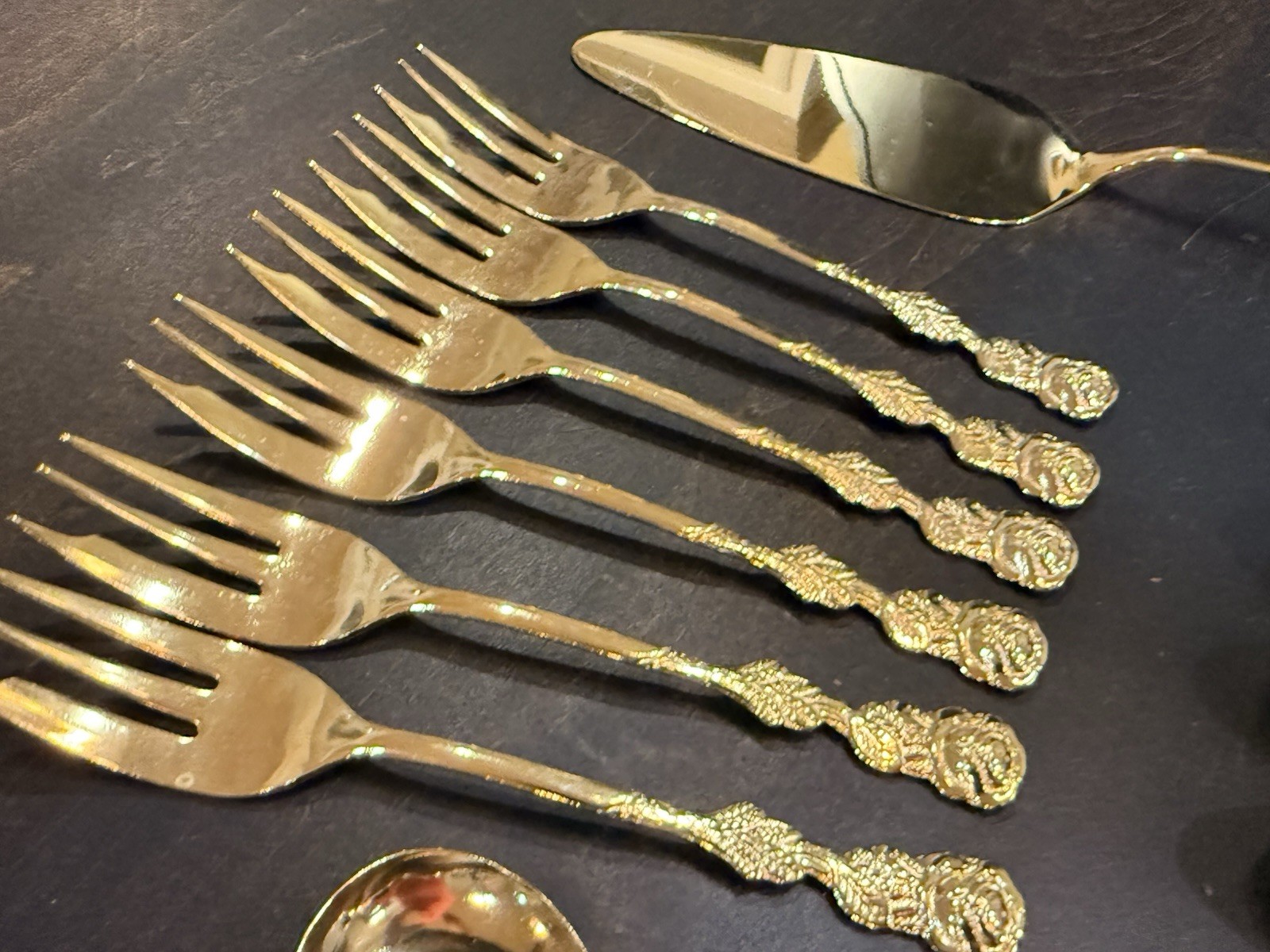 Vintage Rostfrei Rose Pattern Gold Plated Spoons, Forks, Spatula Lot 15 pc