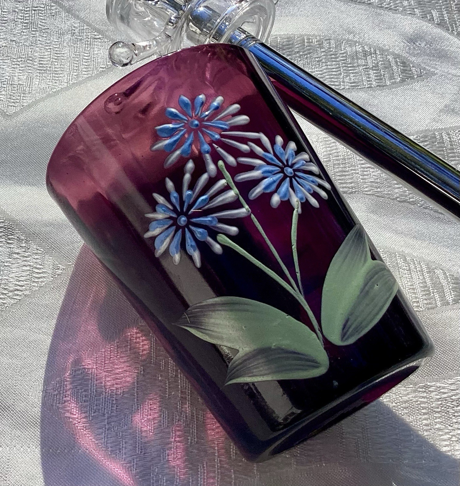Victorian Glass, Small amethyst Enameled Green blue spray 5 Inches