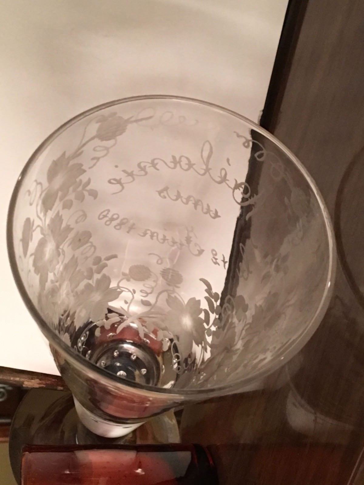 French Glass Goblet Vase Wine Champagne Wedding Dated 1880 Etched Floral