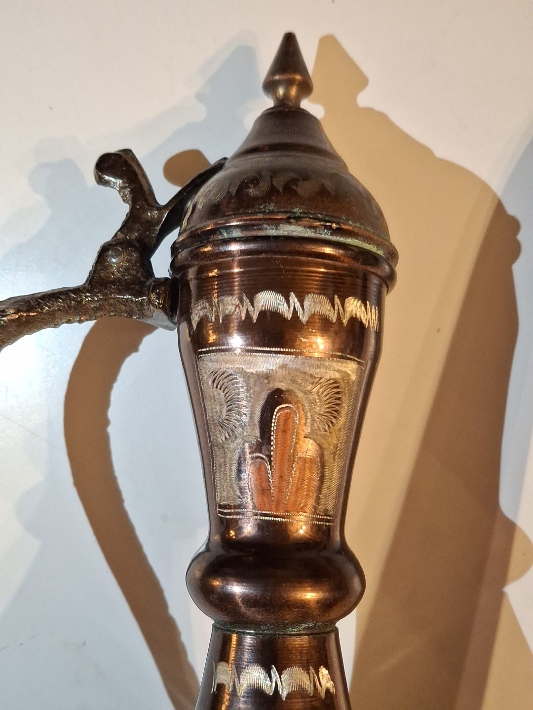 Traditional Middle Eastern Style Ewer Or Coffee Pot Etched Copper and Brass