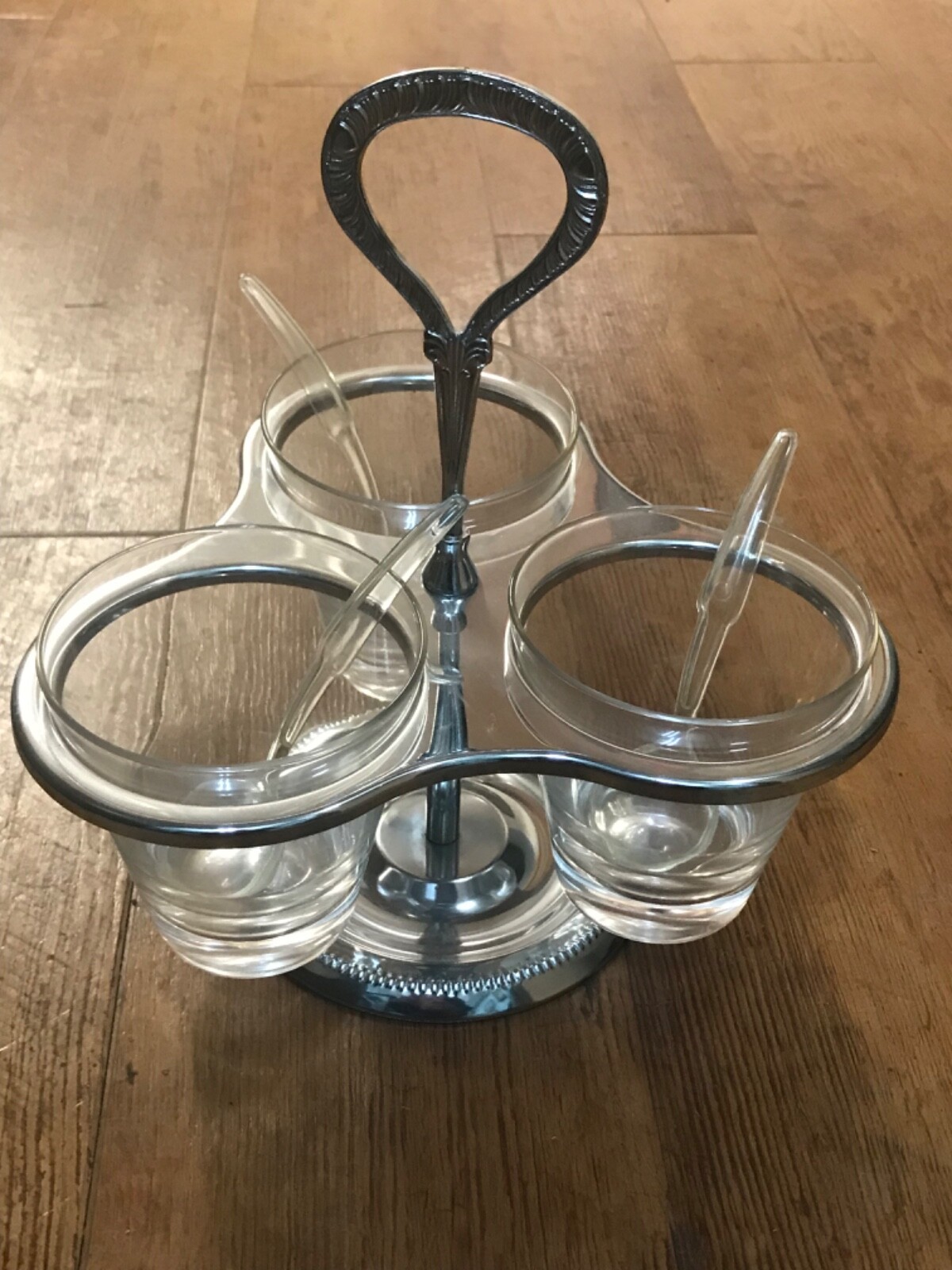Vintage Mid-Century Modern 3- Cup Condiment Server Caddy Glass Cup Inserts Spins