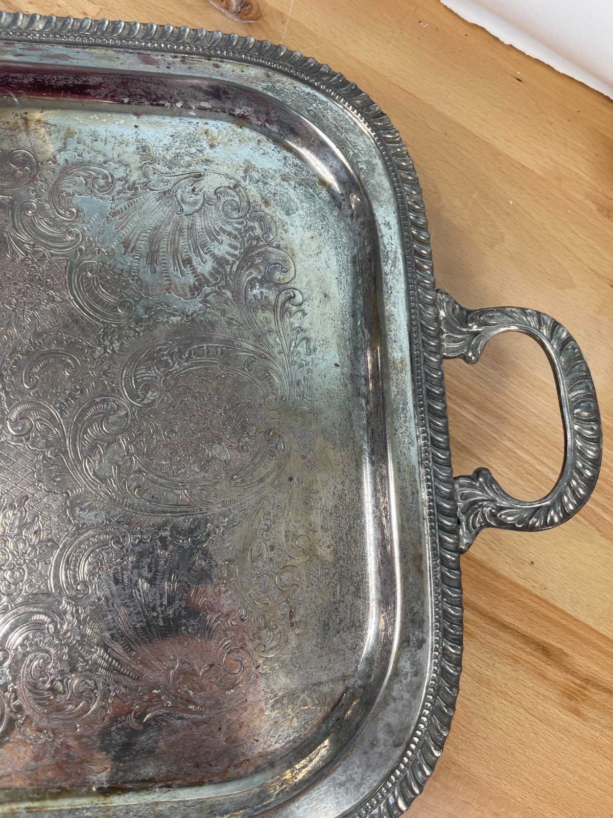 Antique Silver on Copper Serving Tray Ornate Engraved Handles Patina