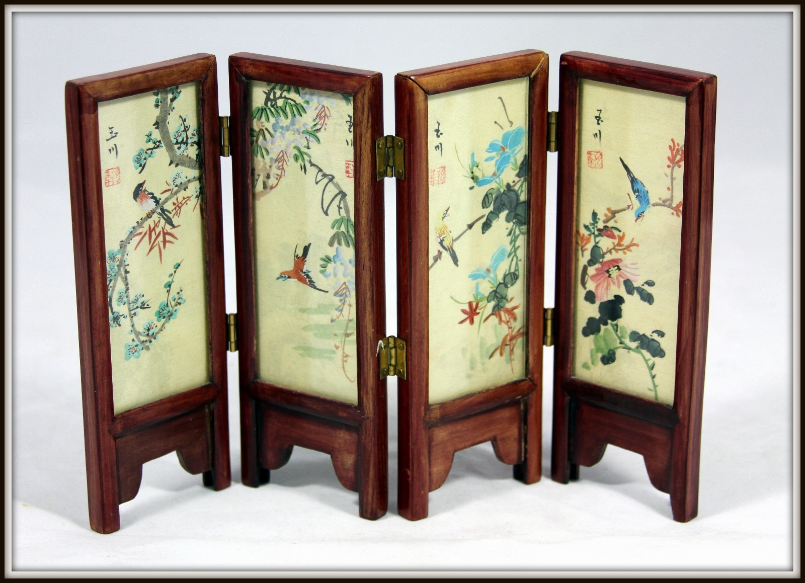“Hand Painted Dual Scene Miniature Chinese Four Panel Screen”(6.75″ H x 10.5” W)