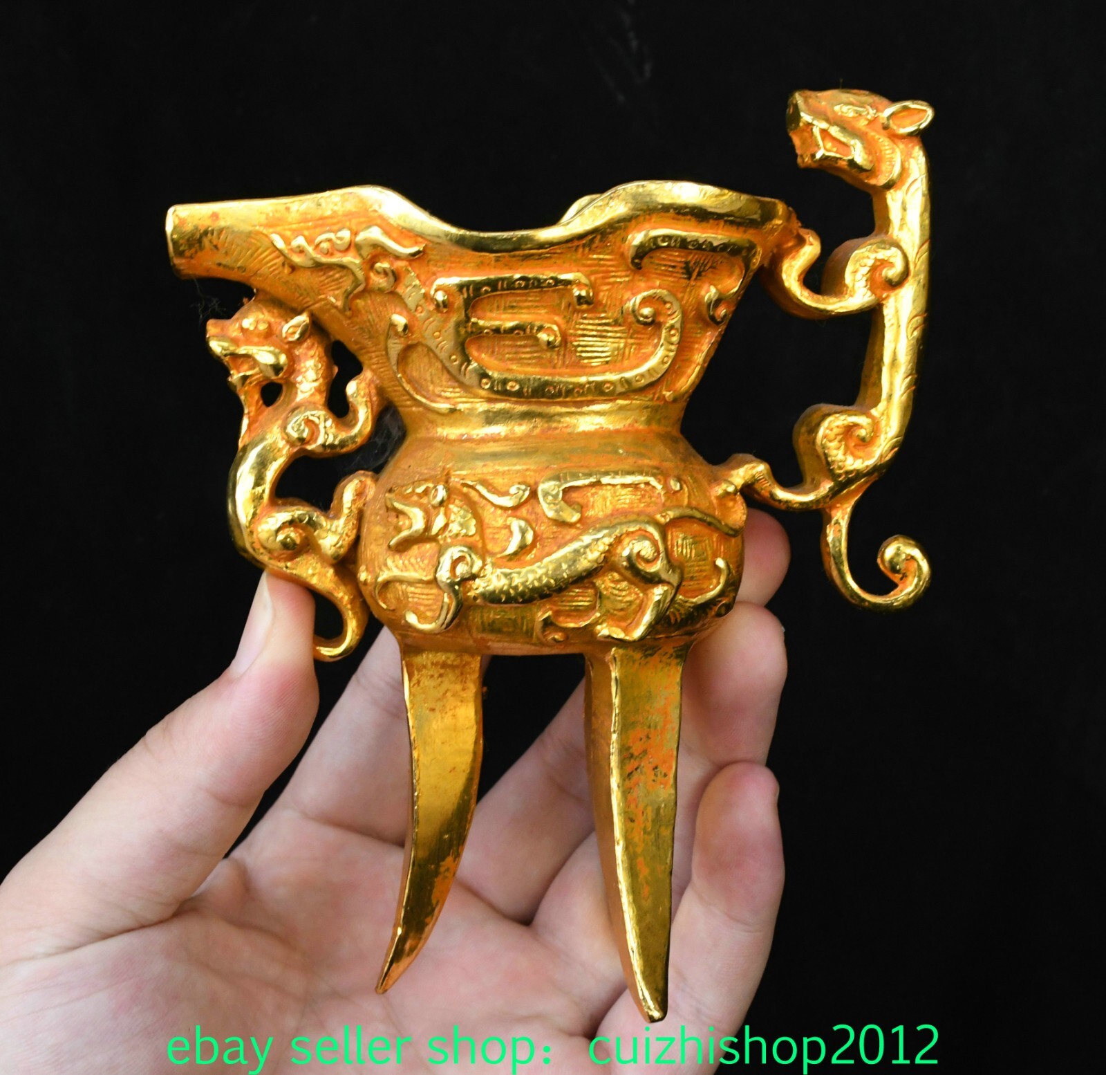 5.5” Old Dynasty Pure Bronze Gilt Dragon Loong Ear Beast Animal Zun Wine Cup