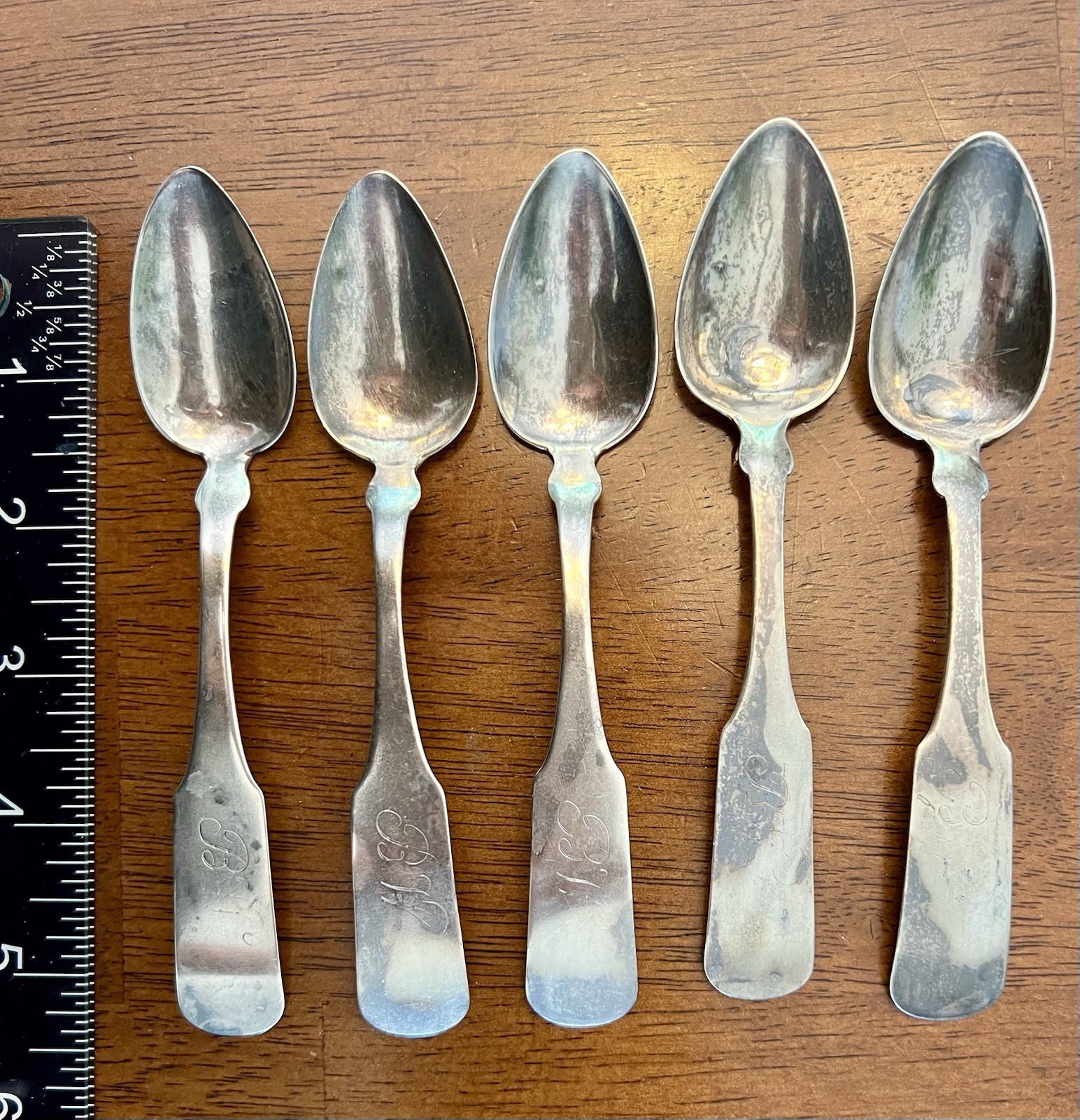Silver Spoon Set/5 JM Barrows 19th C Antique Vintage Coin Silver Tea Spoons