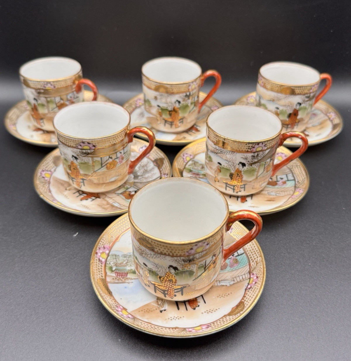 Vintage Hand Painted Kutani Ware Demitasse Porcelain Set 6 Cup and Saucer Japan