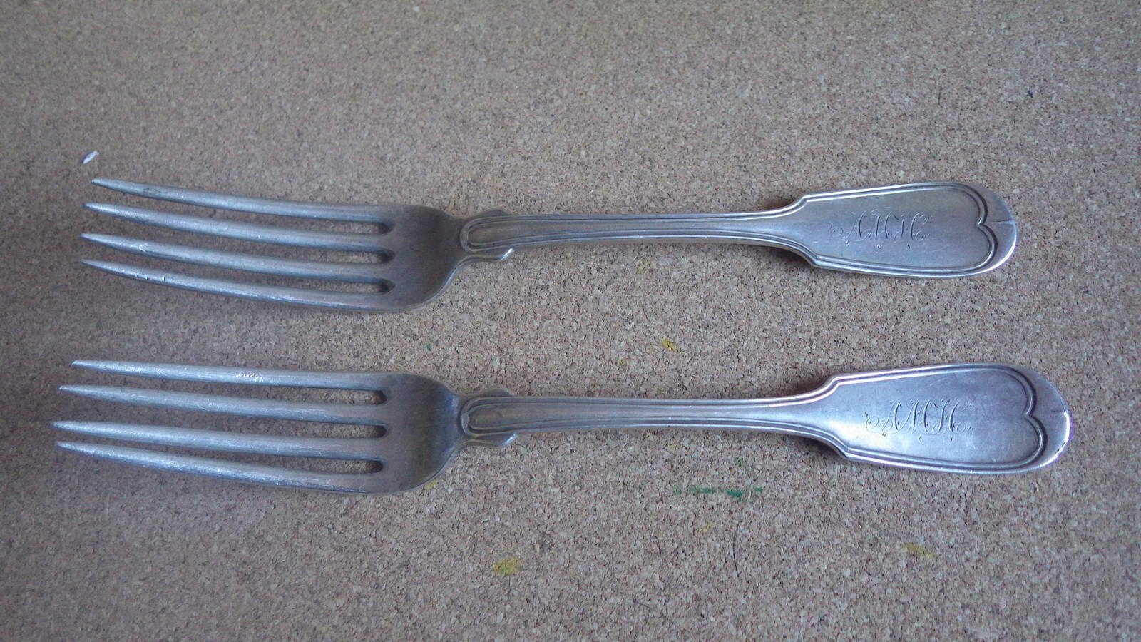 2 RARE ANTIQUE HENDERSON & GAINES SOUTHERN COIN SILVER DINNER FORKS NEW ORLEANS