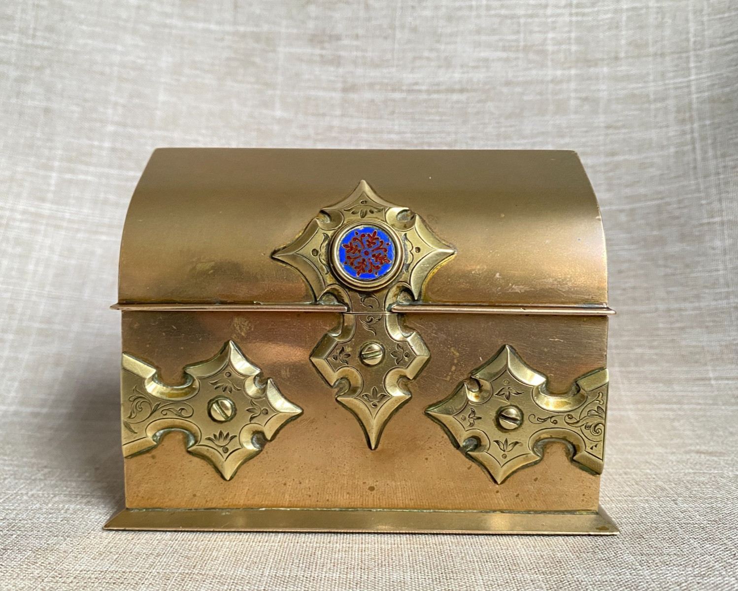 Antique c1860 Victorian Gothic Revival Heavy Brass Jewellery Casket Velvet Lined