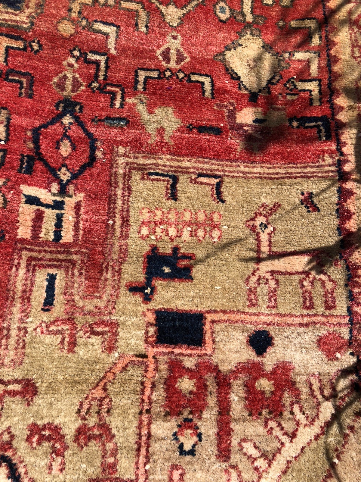 Afghan rug Antique vintage Turkmen pictorial hand woven distressed 84″ x 59″