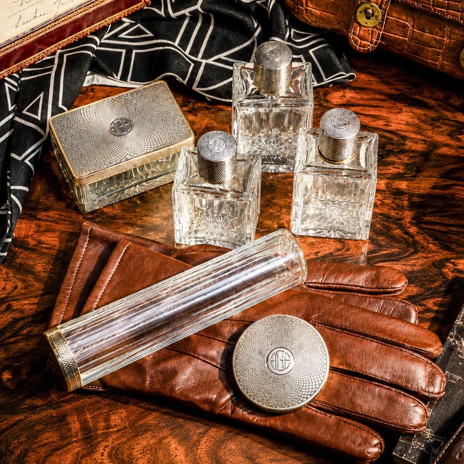 Stunning Antique French Sterling Silver Crystal Bottle Box Vanity Dresser Set