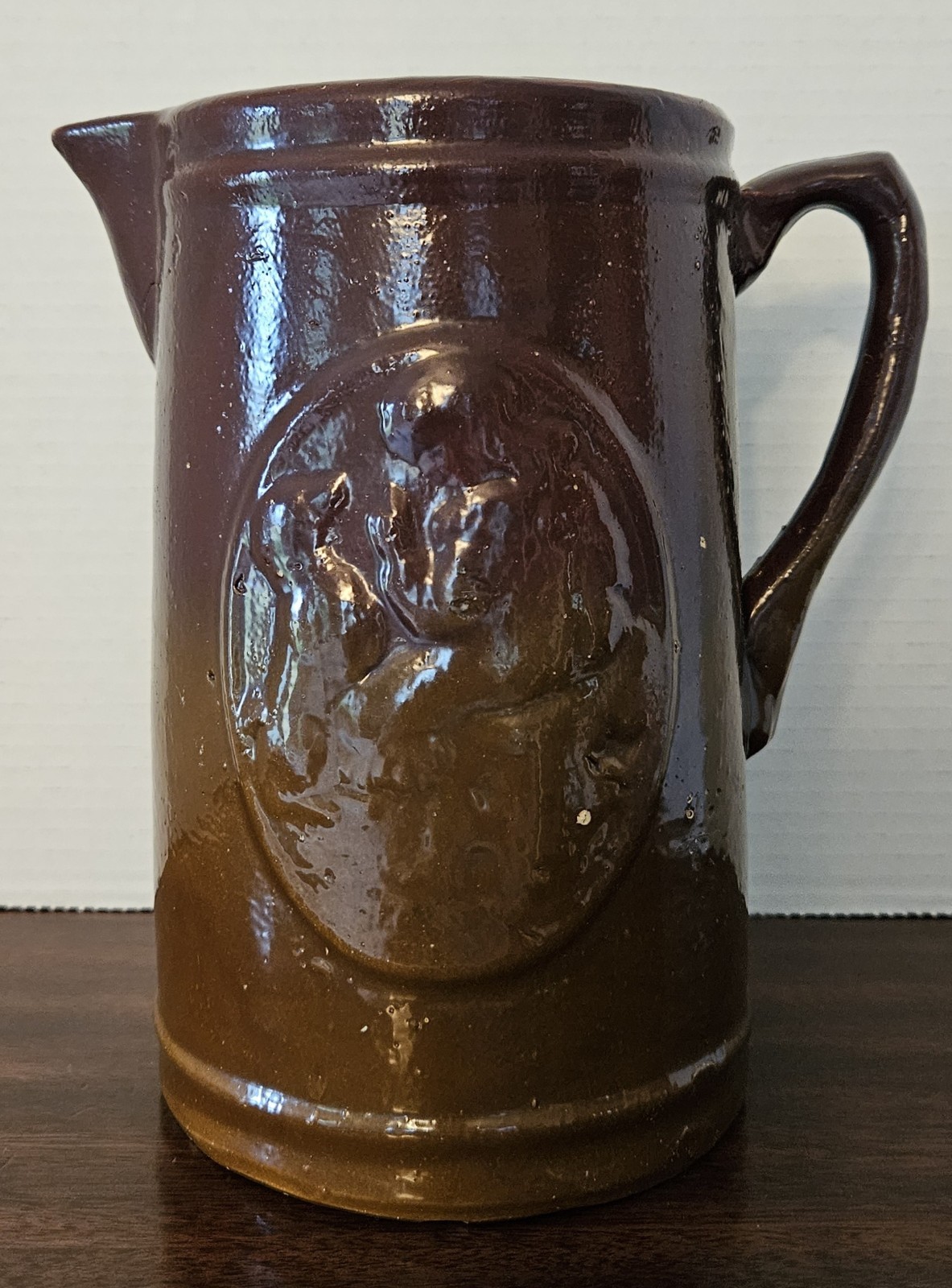 Girl with Dog Stoneware Salt Glazed Pitcher / Two Tone Dark Brown Primitive