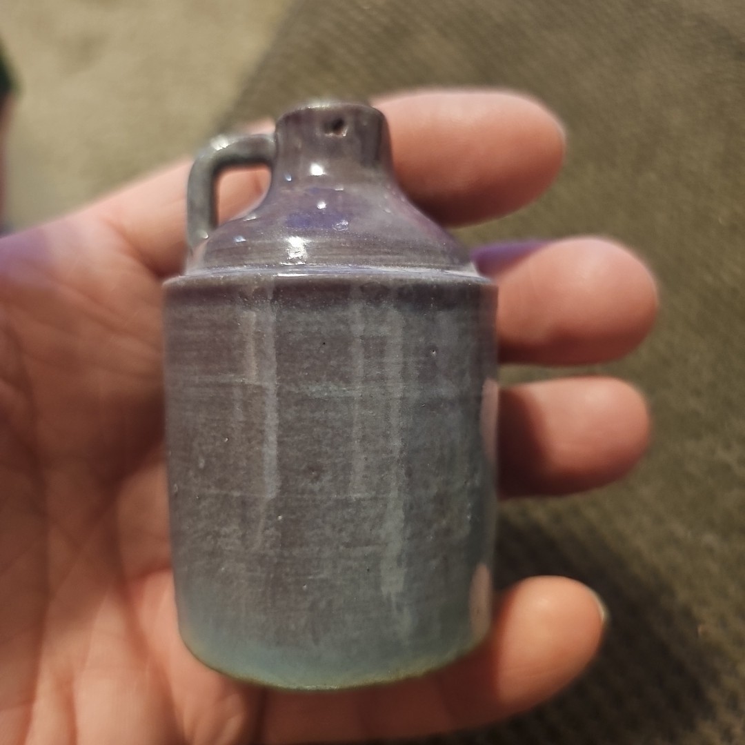 Vtg Early Mid 1900s Glazed Handle Blurish Brown stoneware mini jug 3×2″