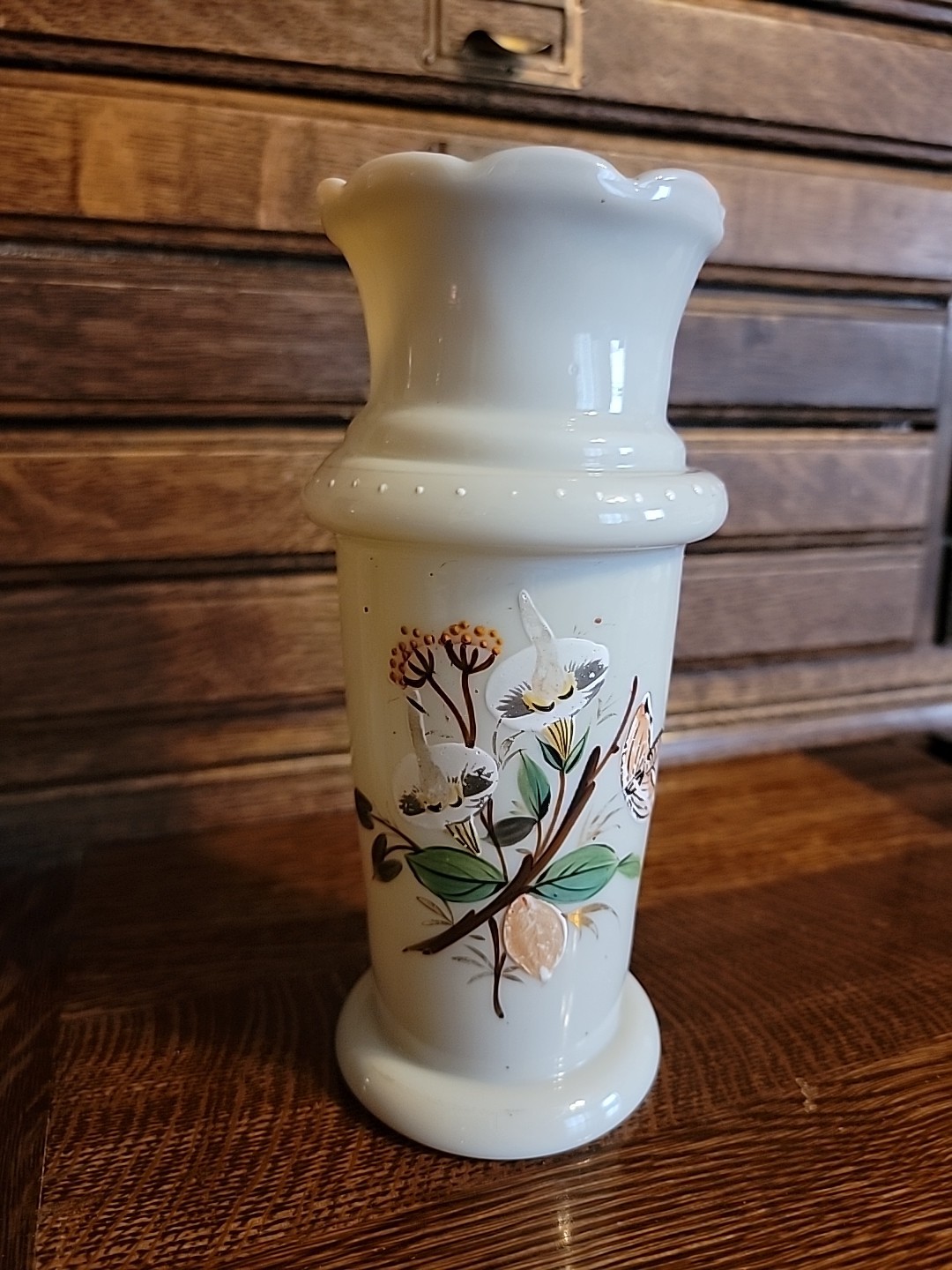 Antique Bohemian Harrach Art Glass Vase Enameled Flowers 7.5″ Tall Nice